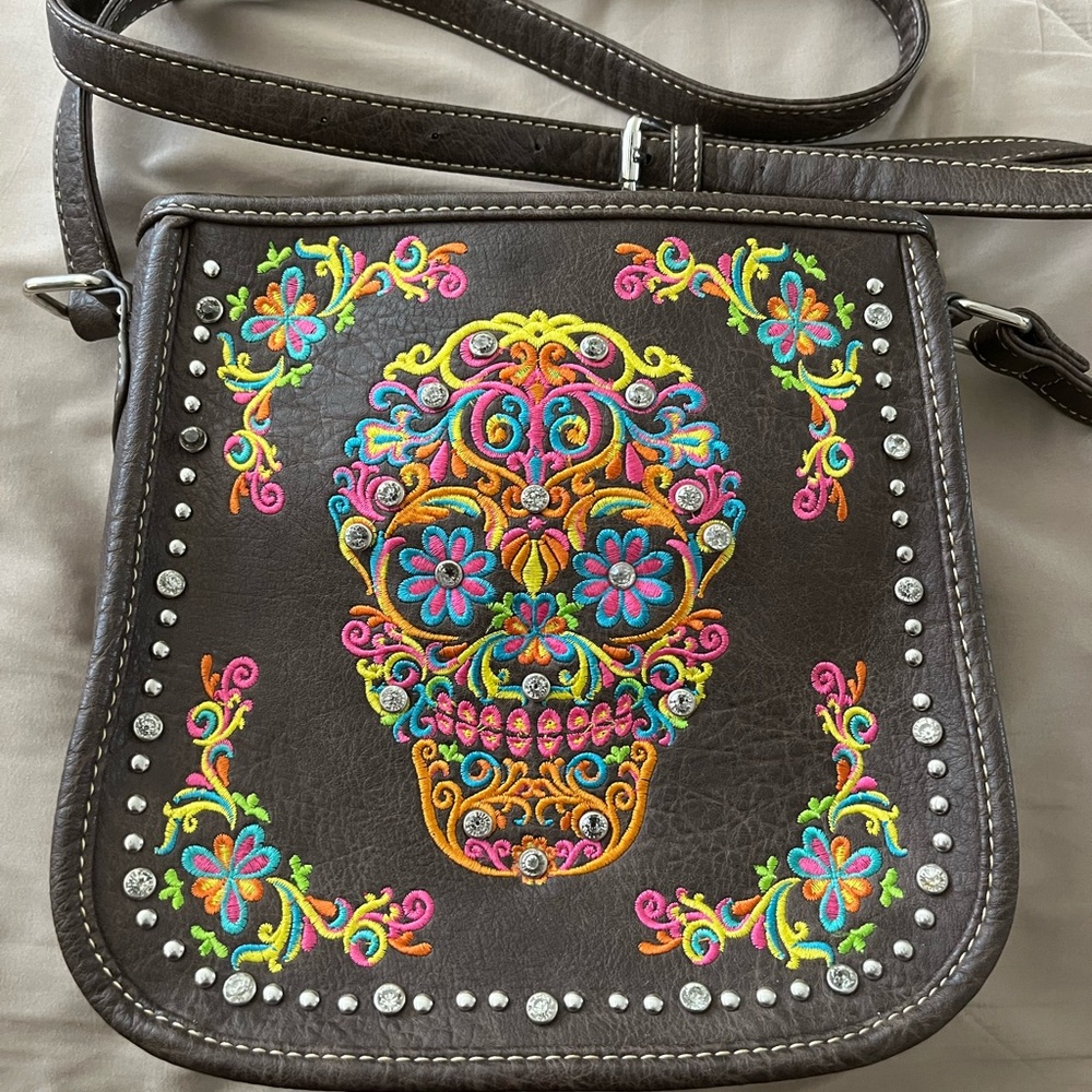Embroidered Skull Crossbody Bag - Multicolor on Brown